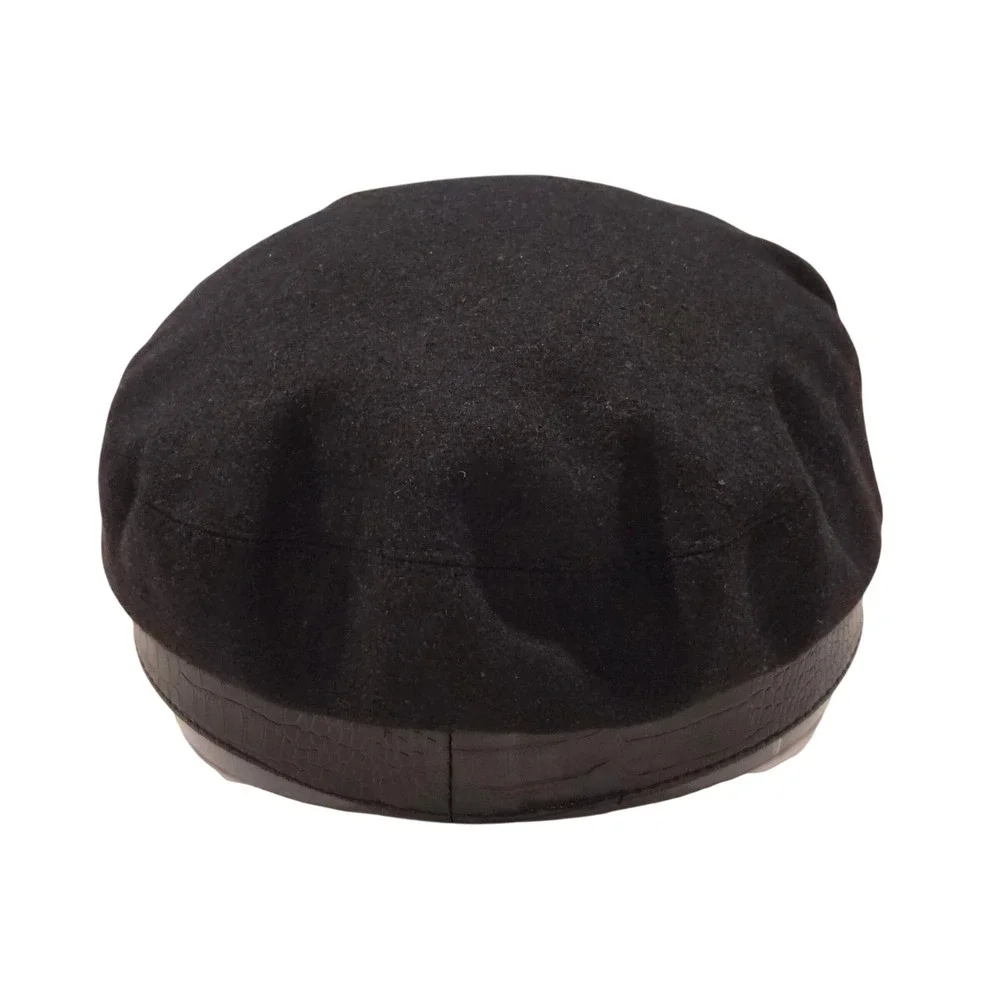 BCBGMAXAZRIA Black Wool Blend Baker Boy Hat Croc Embossed Faux Leather Trim OSFM